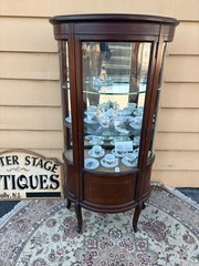 65301 Vintage Bow Front Curio Cabinet with Inlaid Mahogany Design