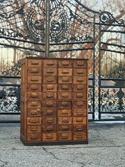 Large solid wood, antique multi drawer card catalog cabinet