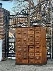 Large solid wood, antique multi drawer card catalog cabinet
