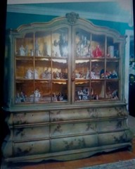 Antique Country French Large Display Cabinet Green with Gold Leaf interior