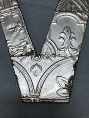 Decorative Salvage Tin Ceiling 16″ Patchwork Silver Metal VTG Letter V 1800-24B