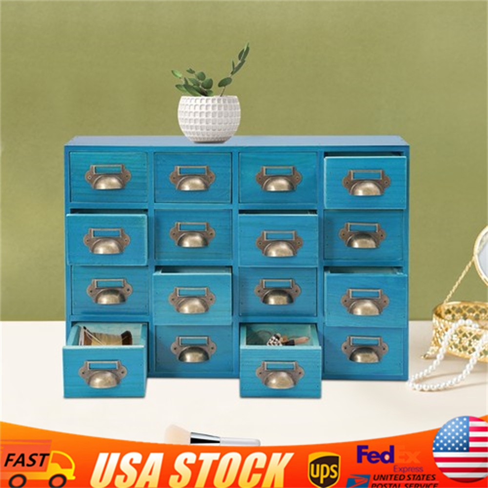 16 Drawers Vintage Tabletop Library Card Catalog Cabinet Apothecary Storage Box