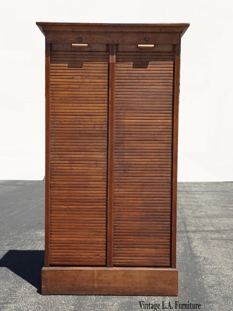 Antique 70″ Tall Double Oak Tambour Doors File Cabinet w 21 Drawers & Keys