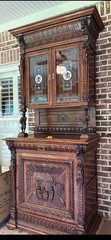 Antique Victorian Belgium Hand Carved Wood Cabinet with 2 Stained Glass Doors