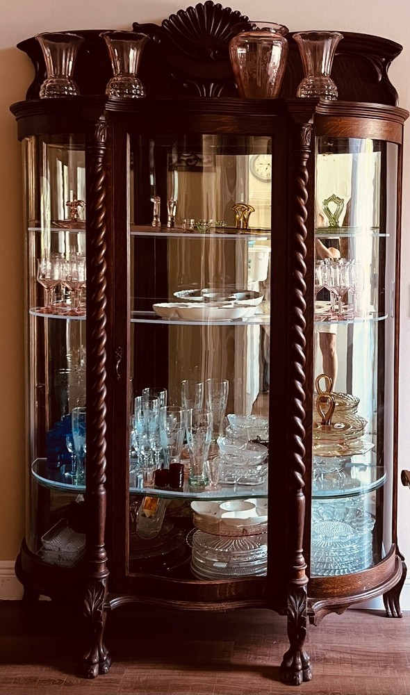 Antique Tiger Oak Serpentine Glass China Cabinet