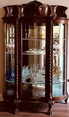 Antique Tiger Oak Serpentine Glass China Cabinet