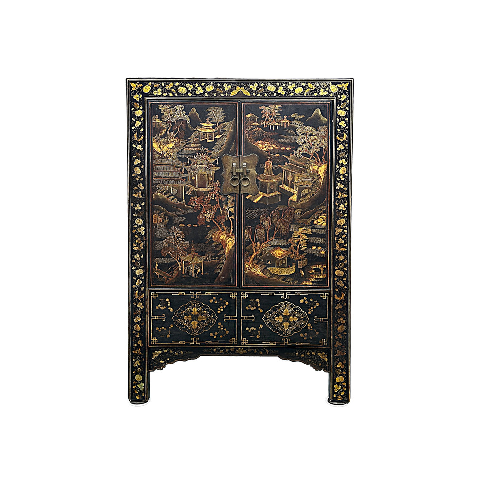 Vintage Chinese Black Golden Scenery Storage Armoire Wardrobe Cabinet ws4807