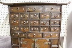Antique Asian Wooden Apothecary Cabinet: 21 Drawers, 2-Door Cabinet, Brass Pulls