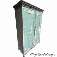 antique Blue Painted Cupboard Dental Molding Dovetailed Farm House 1820