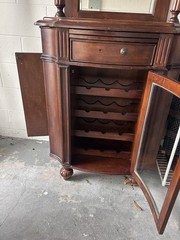 Antique Brown Wood Cabinet with Mirror, Glass Doors, Drawer, Adjustable Shelves