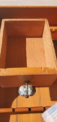 Antique Primitive Maple Wood Spice Spoon Rack Shelf Drawers Blue Porcelain Knobs
