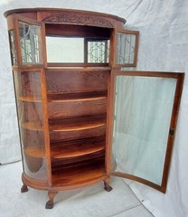 Victorian Oak Bowed Curved Glass China Cabinet with Leaded Glass & Claw Feet