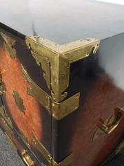 Vintage Asian Korean Tansu Style Burl Cabinet Side Table w Brass Hardware