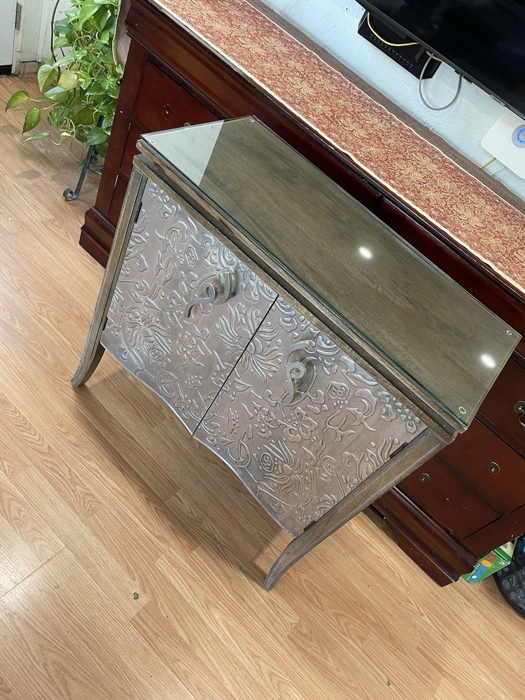 Rare Elegant Cabinet Pier 1 Imports Glass Top Artistic Silver Embossed