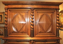 17th c French Louis XIV Baroque Flame Walnut Two Part Cupboard
