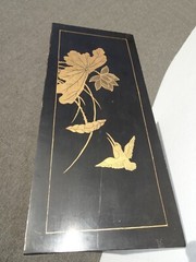 Vintage Oriental Asian Black & Red Hand Painted Lacquer Cabinet Side Table
