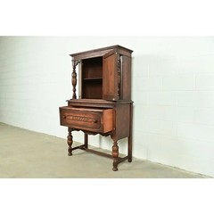 Berkey & Gay Style Antique English Jacobean Carved Oak Bar Cabinet, Circa 1920s