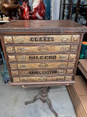 Antique Clark’s 6 Drawer Mile End Spool Cabinet – Solid Wood- Embossed Tin