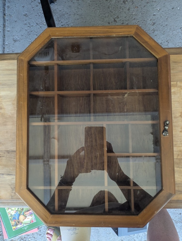 Vintage Wood and Glass Curio Wall Octagonal Display Cabinet