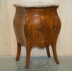 FINE PAIR OF ANTIQUE 1880 ITALIAN MARBLE TOP BOMBE NIGHTSTAND SIDE TABLE CHEST