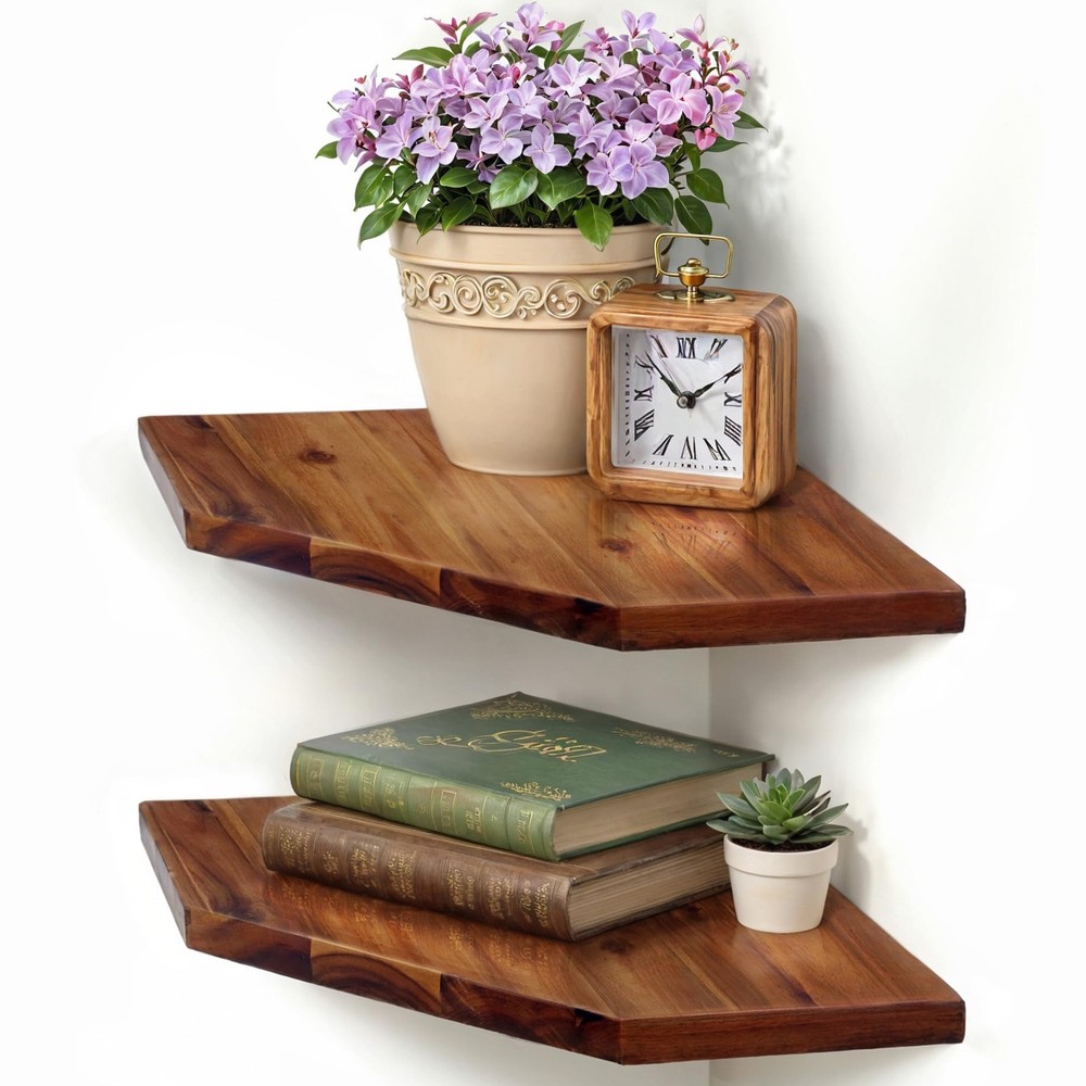 Demigo Corner Shelf Wall Mount, Set of 2 Solid 11.8 x 16.5 inches, Brown