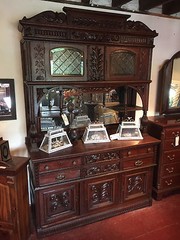 19th C OAK SERVER with MIRRORED and BEVELED GLASS TOP