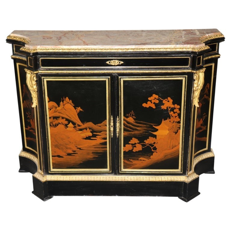 19th c. Ebonized Chinoiserie and Bronze Ormolu Mounted Marble Top Cabinet