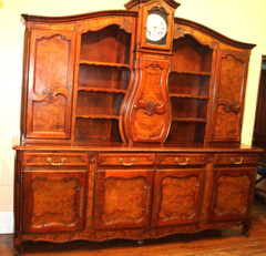 French Antique Burled Walnut Louis XV Buffet Cabinet With Grand Father Clock