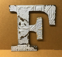 Decorative Salvaged Tin Ceiling 16″ Patchwork Shabby Blue Letter F Old 221-26B