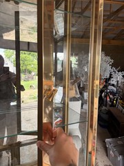 1970’s Mastercraft Vitrine 7ft Brass Wood Smoky Glass Curio Display Cabinet