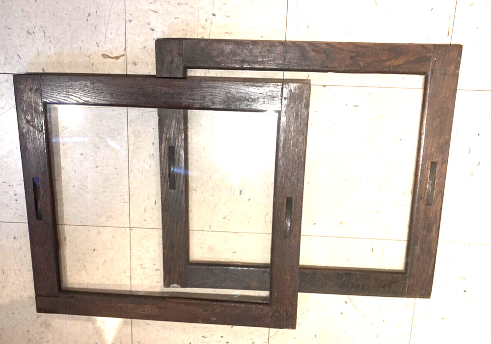 ANTIQUE OAK MERCANTILE CABINET SLIDING GLASS DOORS PAIR