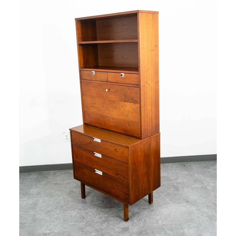 Mid Century Modern China Cabinet Hutch Bassett Walnut Drop Desk Vintage Drawers