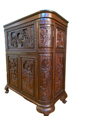 George Zee Style Mid-Century Asian Heavily Hand Carved Flip Top Dry Bar Cabinet