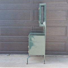1920’s French Industrial Medical Apothecary Cabinet Hutch Metal Glass Top Doors
