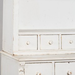 19th Century White Narrow Pine Bookcase Display Cabinet with Apothecary Drawers