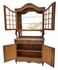 French Louis XV Oak Display China Cabinet Display Hutch with Beveled Glass 1900s