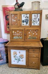 👀💐Handpainted Antique Floral Oak Hoosier Cabinet BEAUTIFUL 👀💐