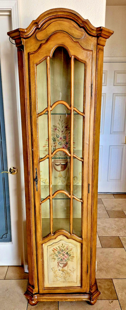 Large 77″ Hand Painted Maple? Wood Glass Display Cabinet Case 3 Shelf Ornate HTF