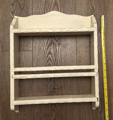 Antique CHIPPY WHITE WOOD SPICE RACK Painted Carved Wall Shelf Curio Display 16″