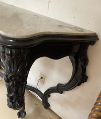 Antique French Louis XV Ebonized Bowfront Console Table w/ White Marble Top