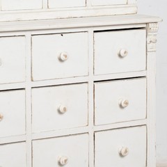 19th Century White Narrow Pine Bookcase Display Cabinet with Apothecary Drawers