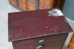 Antique Apothecary Cabinet Wood drawer flat file red Vintage Cubby cup handles