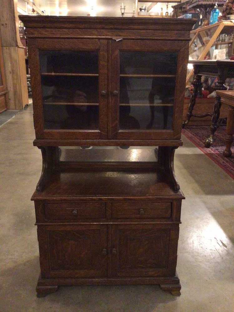 Antique Child’s Hutch / Cupboard With Glass Doors And Mirror