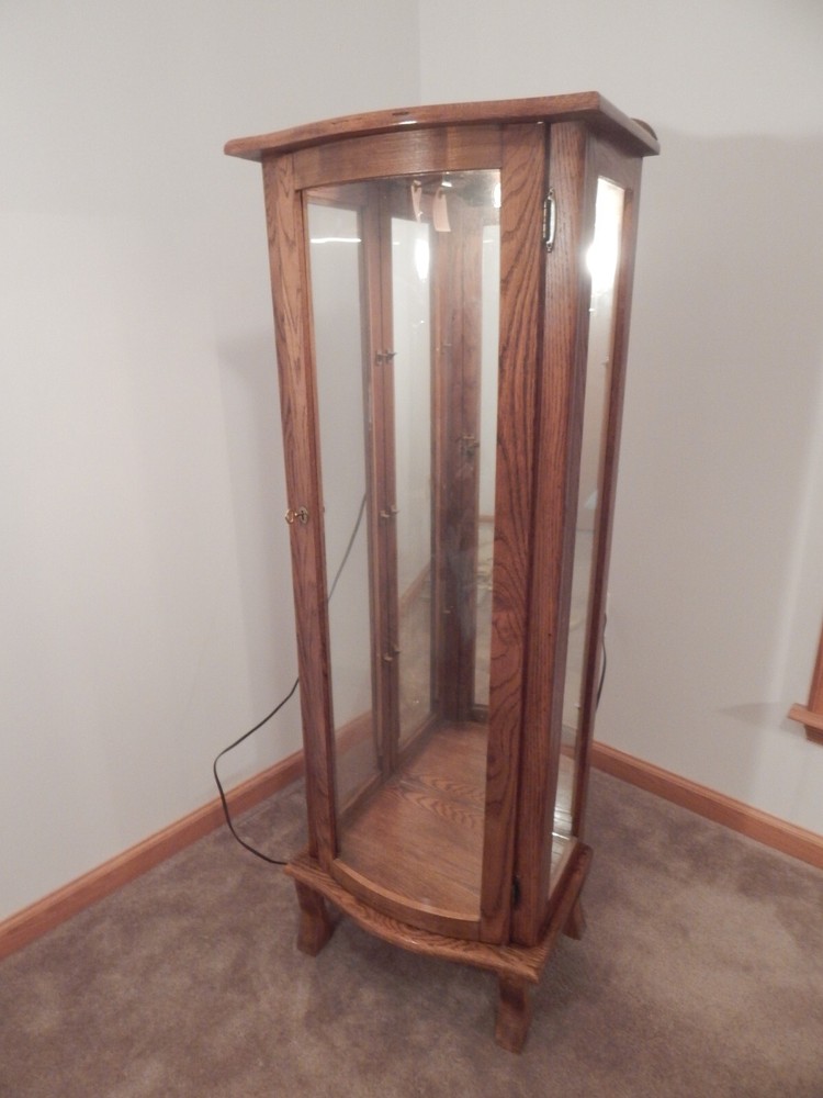 Vintage Curio Cabinet Wooden & Glass; Lighted, Mirrored, Glass Shelves, Lock Key