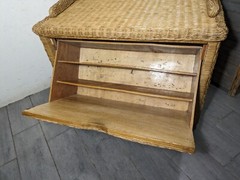 Vintage Boho Chic Coastal Wicker Rattan Drop Front Record Storage Cabinet Table