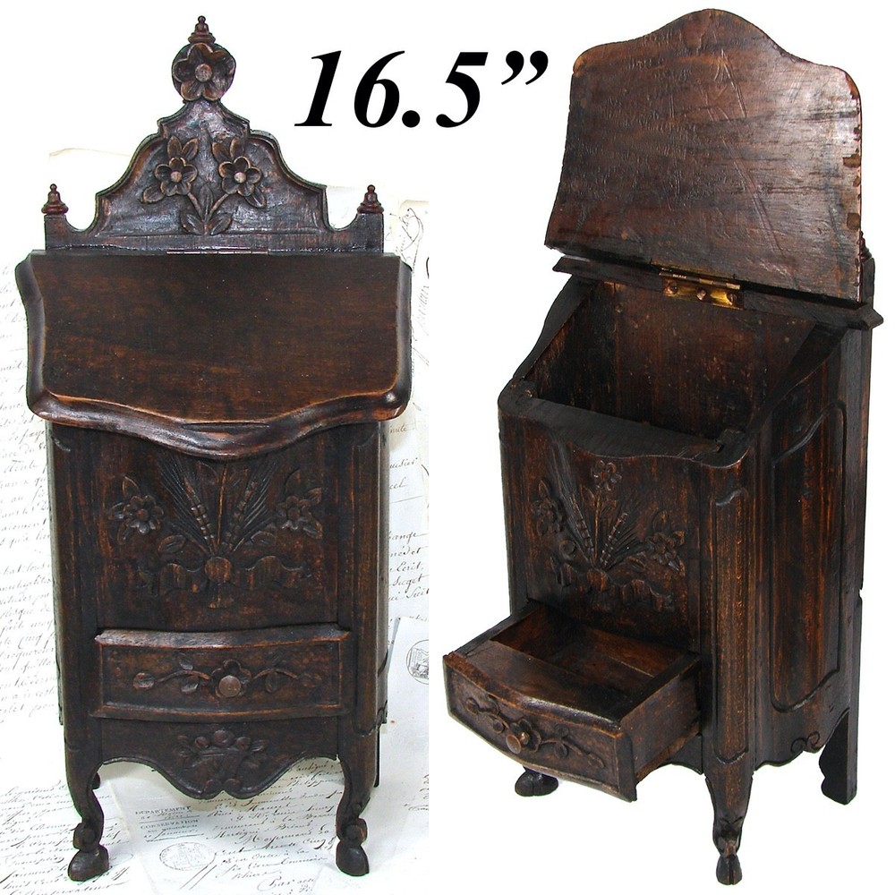 Carved Wood French Country French 16.5″ Tall Salt Box, Cabinet after 18c Style