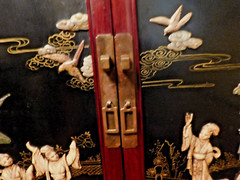 Vintage Chinoiserie Chinese Black Lacquer Hard Stone Finish Art Console Cabinet