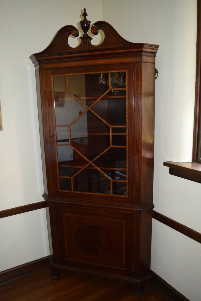 Spectacular Mahogany & inlay Handmade Corner China Cabinet by Potthast Bros.