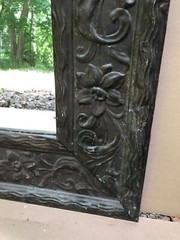 VTG Decorative Floral Tin Cove 46″ SQ. Tung Oiled Rust Metal Mirror Old 1053-23B