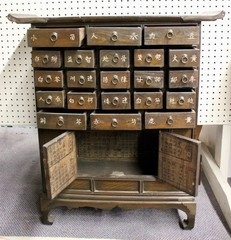 Antique Asian Wooden Apothecary Cabinet: 21 Drawers, 2-Door Cabinet, Brass Pulls